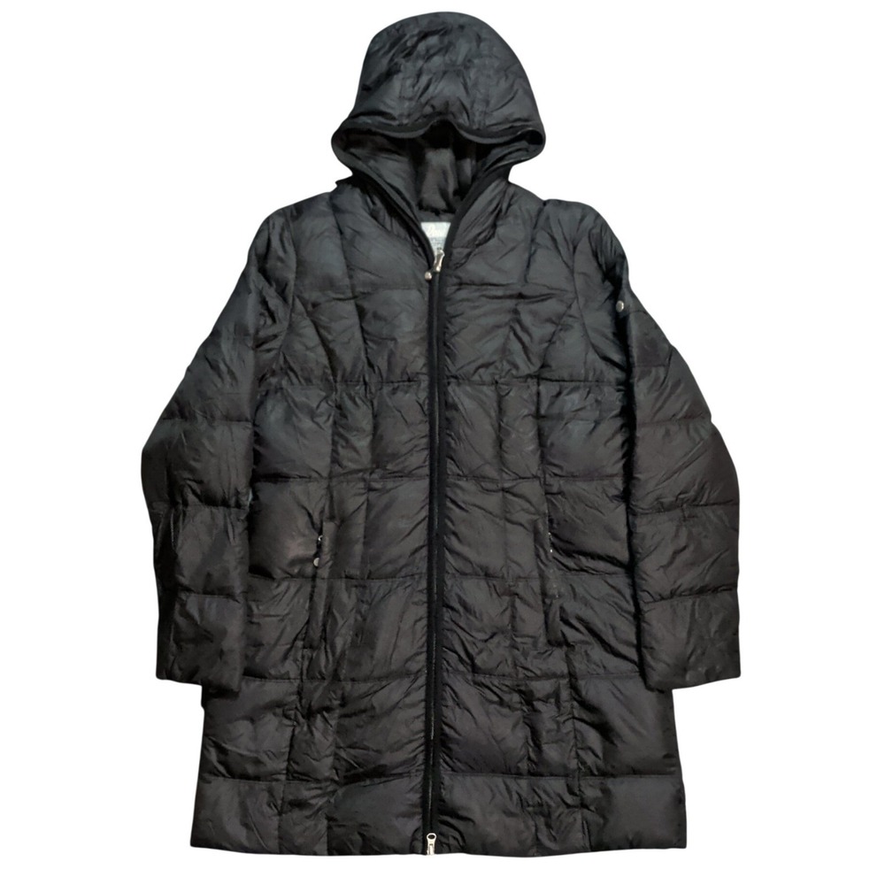 Eddie Bauer Down Parka Jacket Womens Size L Black Zip Up Hooded Coat Quilted